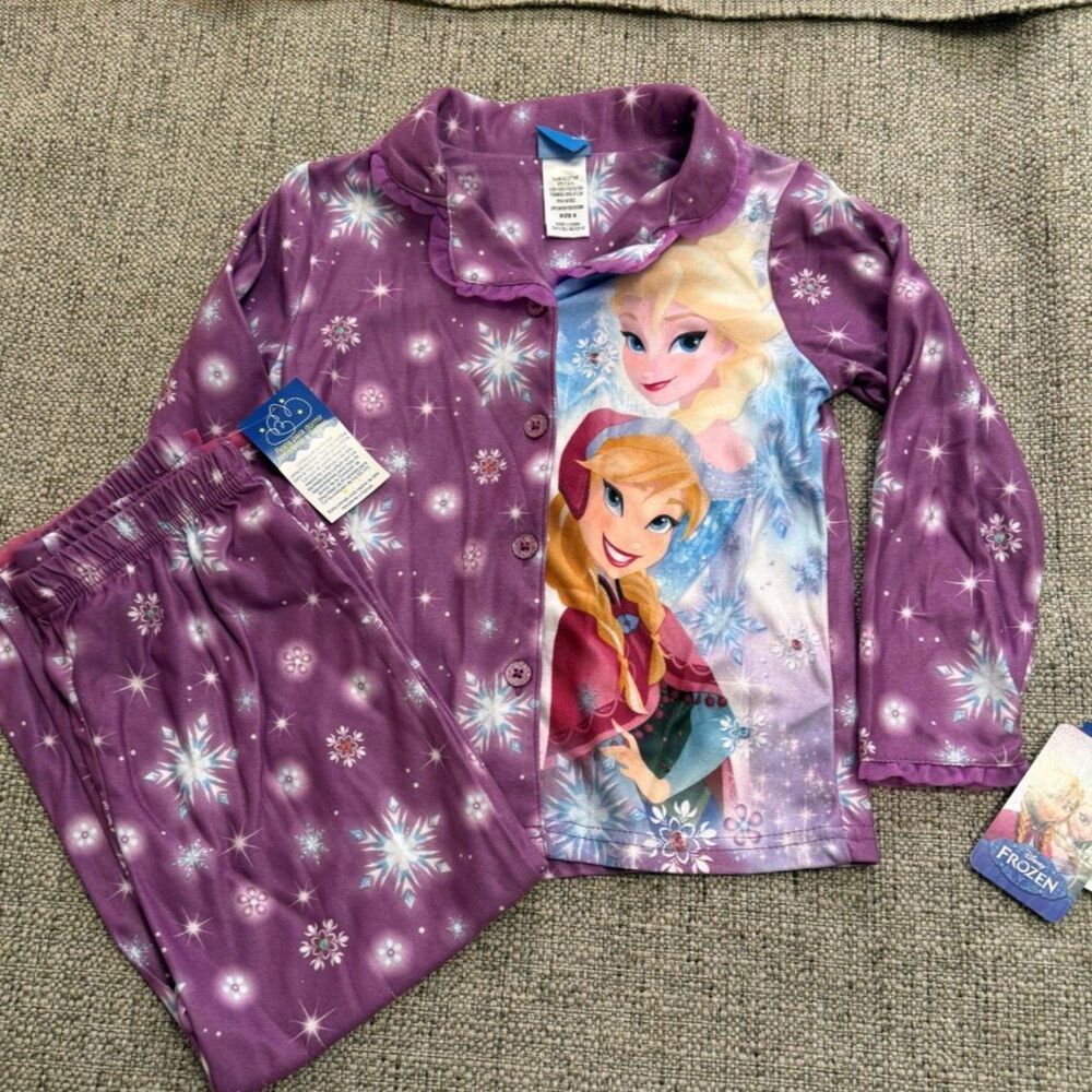 NWT Disney Frozen Elsa Anna Pajamas Set Purple Snowflake Button Up Pants Kids 6